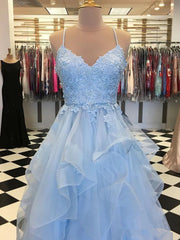 A-line Light Blue Tulle V-neckline Straps Party Dress, Light Blue Long Prom Dress with Lace