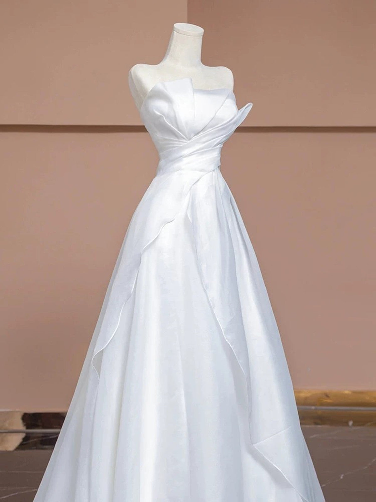 White A-line Strapless Long Wedding Party Dress, White Simple Formal Dress