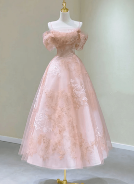 Pink Tulle Tea Length Floral Lace Party Dress, Pink Graduation Dress Prom Dress