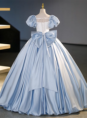 Blue Satin Short Sleeves Long Formal Dress, Blue Satin Sweet 16 Dress