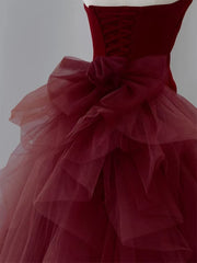 Wine Red Satin and Tulle Long Party Dress, Strapless Wine Red Formal Dress