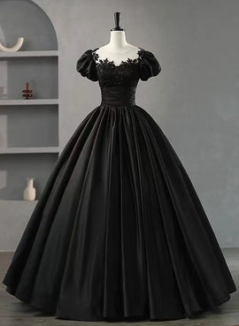 Black Satin Short Sleeves Round Neckline Party Dress, Black Sweet 16 Dress