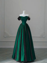 A-line Green Satin and Black Tulle Long Prom Dress, Off Shoulder Long Evening Dress