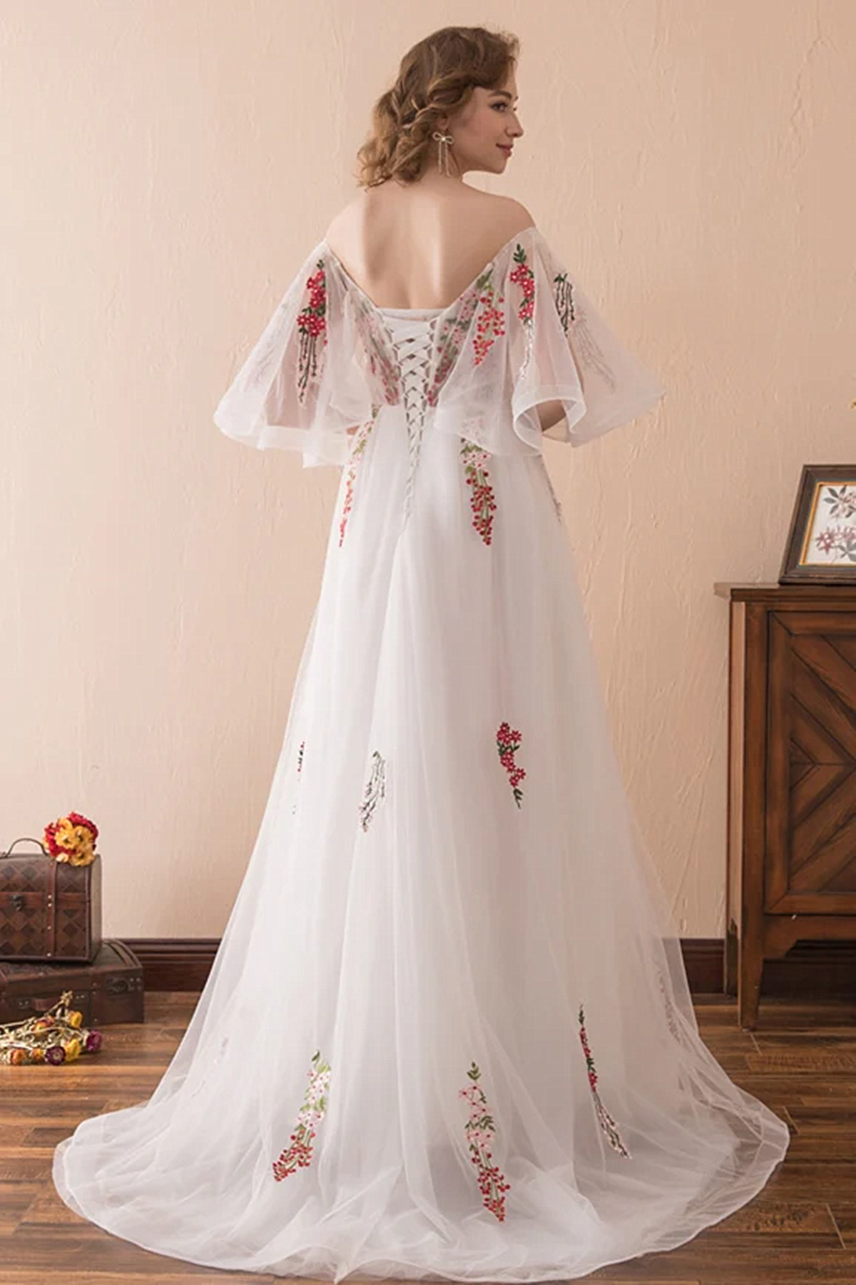 White Tulle with Lace Off Shoulder Long Party Dress, White Floral Wedding Party Dress