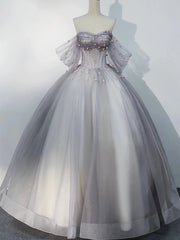 Grey Tulle Sweetheart Flowers Formal Dress, Off the Shoulder A-Line Prom Dress