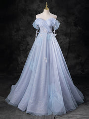 Light Blue A-line Off Shoulder Tulle and Lace Party Dress, Light Blue Prom Dress