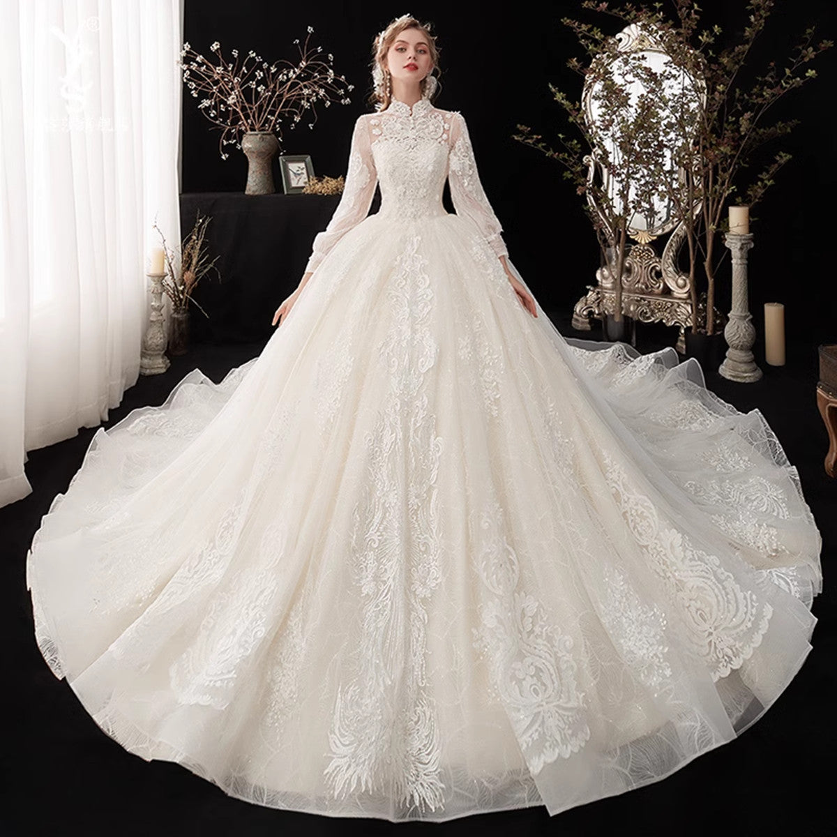 Ivory High Neckline Lace Puffy Sleeves Wedding Dress, Ivory Long Forma Cutedressy Ivory High Neckline Lace Puffy Sleeves Wedding Dress, Ivory Long Forma Cutedressy
