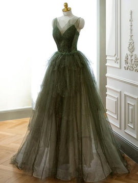 Green Tulle Beaded Layers Long Straps Prom Dress, Green Tulle Evening Dress