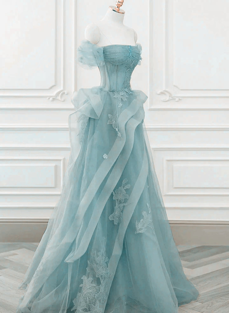 Glam Blue Layers Beaded Off Shoulder Prom Dress, Blue Tulle Long Evening Dress main image 0