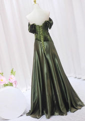Green A-line Velvet Soft Satin Long Prom Dress, Green A-line Prom Dress