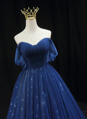 Blue A-line Sweetheart Tulle Long Party Dress, Blue Tulle Evening Dress Prom Dress