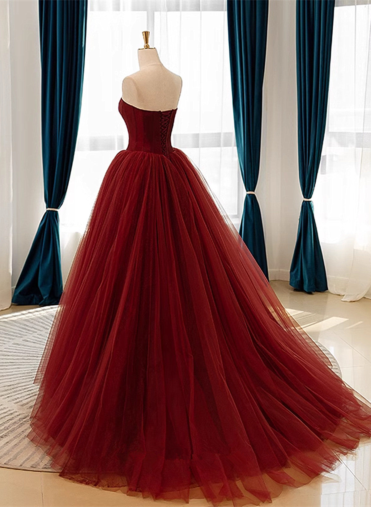 Wine Red Tulle Scoop Long Formal Dress, Wine Red Tulle Prom Dress Party Dress