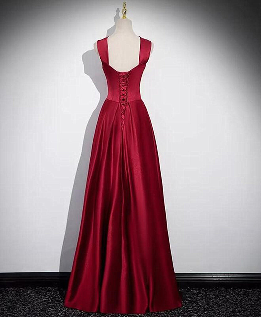 Wine Red Satin Beaded Straps Prom Dress Evening Dress, Wine Red A-line Formal Dress