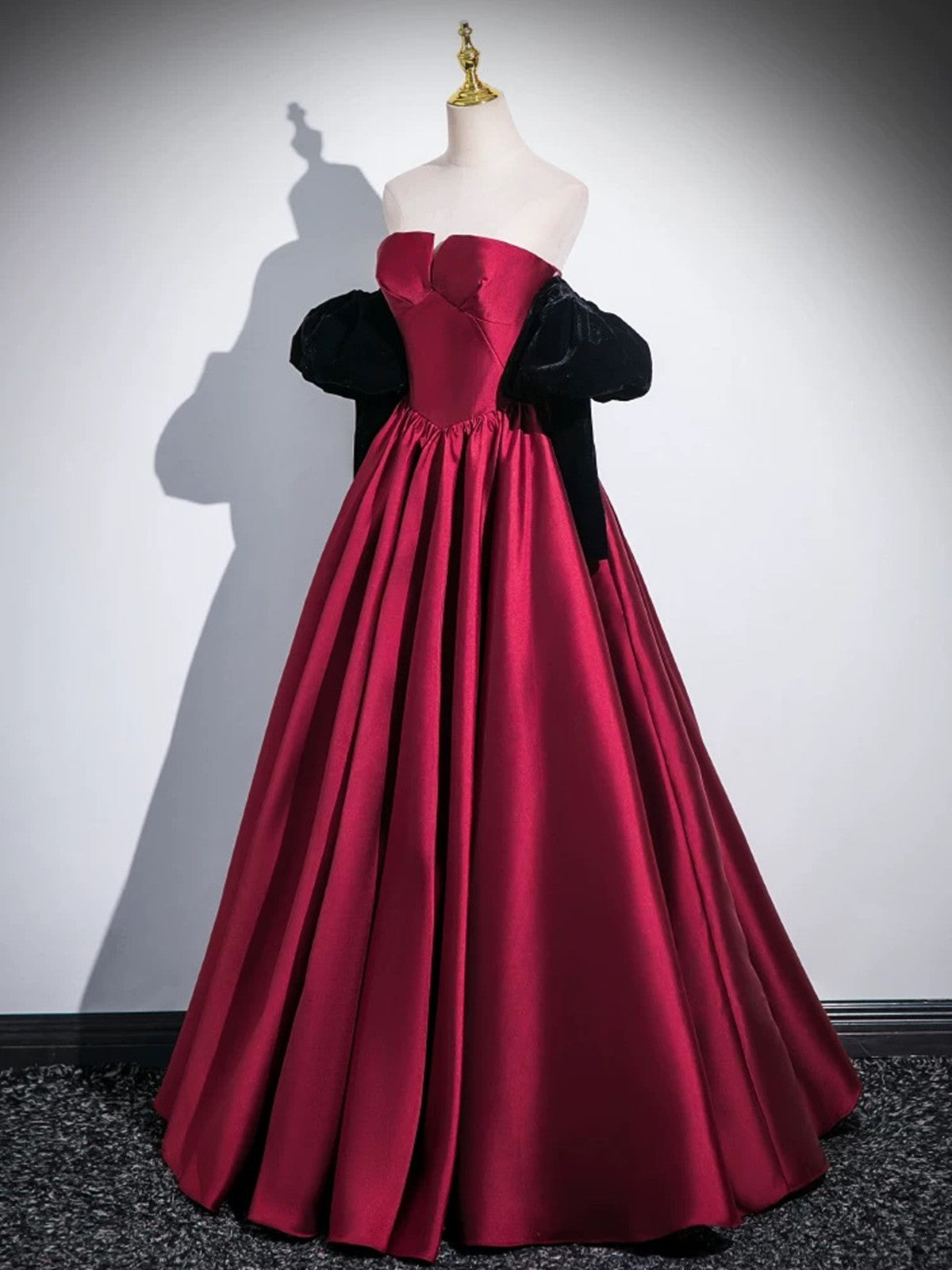 Wine Red Satin Long Party Dress with Black Sleeves, Wine Red A-line Prom Dress