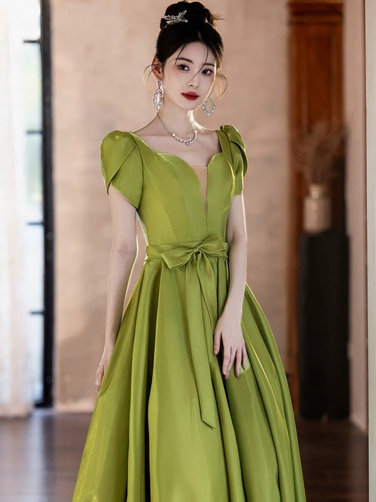 Lovely Green Satin Simple Short Sleeves Party Dress, A-line Green Satin Prom Dress