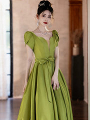 Lovely Green Satin Simple Short Sleeves Party Dress, A-line Green Satin Prom Dress