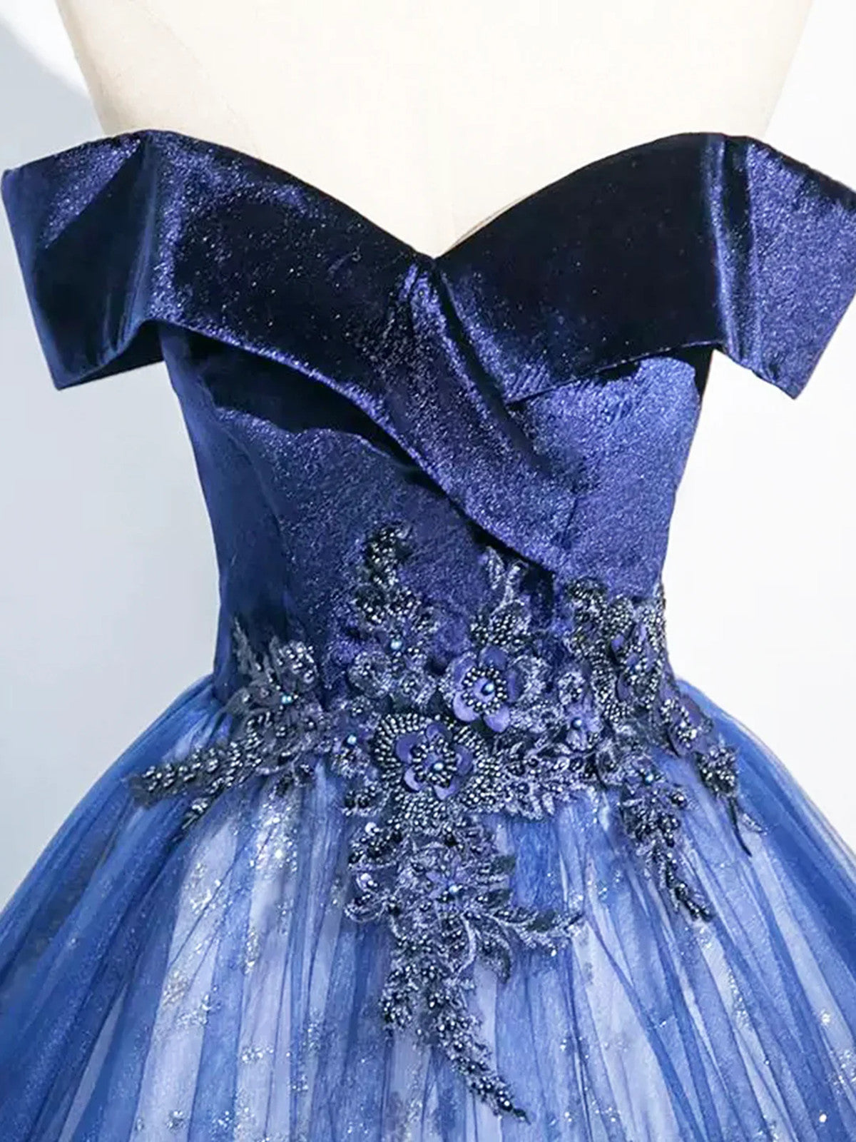 Blue Ball Gown Tulle Off Shoulder Long Formal Dress, Blue Sweetheart Party Dress