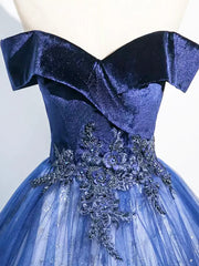 Blue Ball Gown Tulle Off Shoulder Long Formal Dress, Blue Sweetheart Party Dress