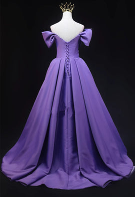 Purple Satin Simple Off Shoulder Evening Dress, Purple Long Prom Dress