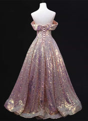 A-line Off Shoulder Sequins Long Prom Dress, Sequins Evening Dress Party Dress