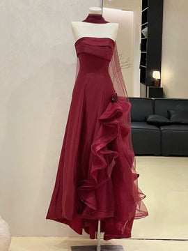 Wine Red Strapless Long A-line Evening Dress, Wine Red Simple Formal Dress