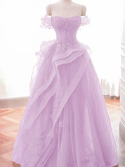 Pink Tulle Off Shoulder with Lace Long Party Dress, Pink Tulle Prom Dress