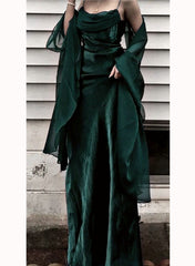 Green Straps Soft Satin Long Party Dress, Green Long Prom Dress Evening Dress