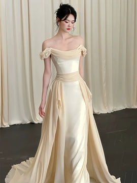 Lovely Off Shoulder Chiffon and Satin Long Prom Dress, Long Satin Evening Dress Party Dress