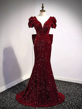 Wine Red Mermaid Sequins Long Prom Dress Party Dress, Wine Red Long Evening Dress