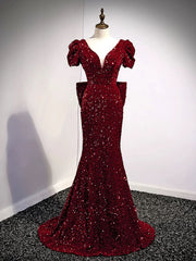 Wine Red Mermaid Sequins Long Prom Dress Party Dress, Wine Red Long Evening Dress