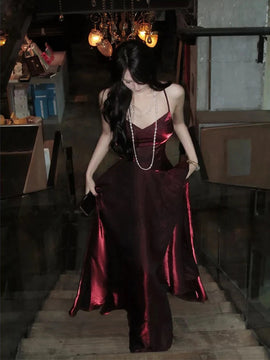 Chich Wine Red V-neckline Straps Long Party Dress, Wine Red Satin Prom Dress
