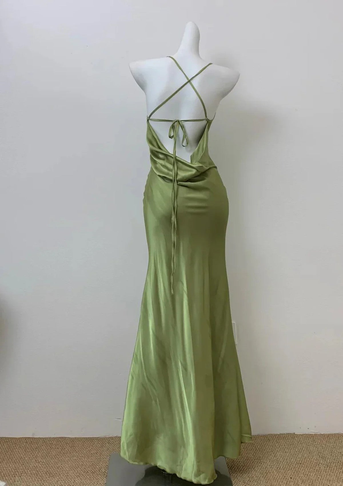 Green Spaghetti Straps Mermaid Satin Long Prom Dress, Green Floor Length Evening Dress