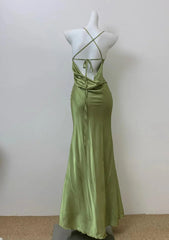 Green Spaghetti Straps Mermaid Satin Long Prom Dress, Green Floor Length Evening Dress