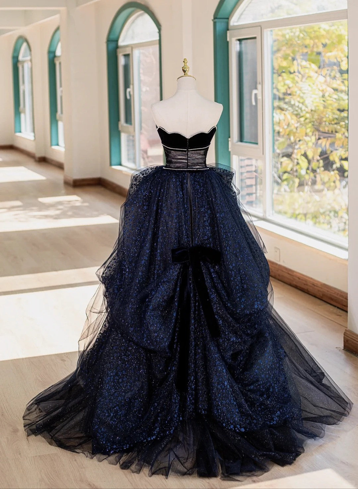 Navy Blue and Black Sweetheart Beaded Tulle Long Evening Dress, Long P – Cutedressy
