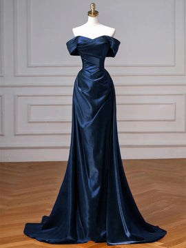 Navy Blue A-line Off Shoulder Satin Prom Dress, Navy Blue Satin Evening Dress Party Dress