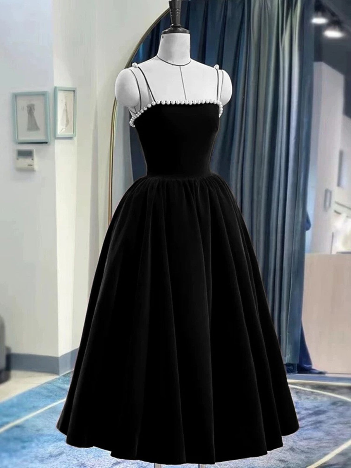 Black Tea Length Velvet Straps Lace-up Formal Dress, Black Velvet Part – Cutedressy Black Tea Length Velvet Straps Lace-up Formal Dress, Black Velvet Part – Cutedressy