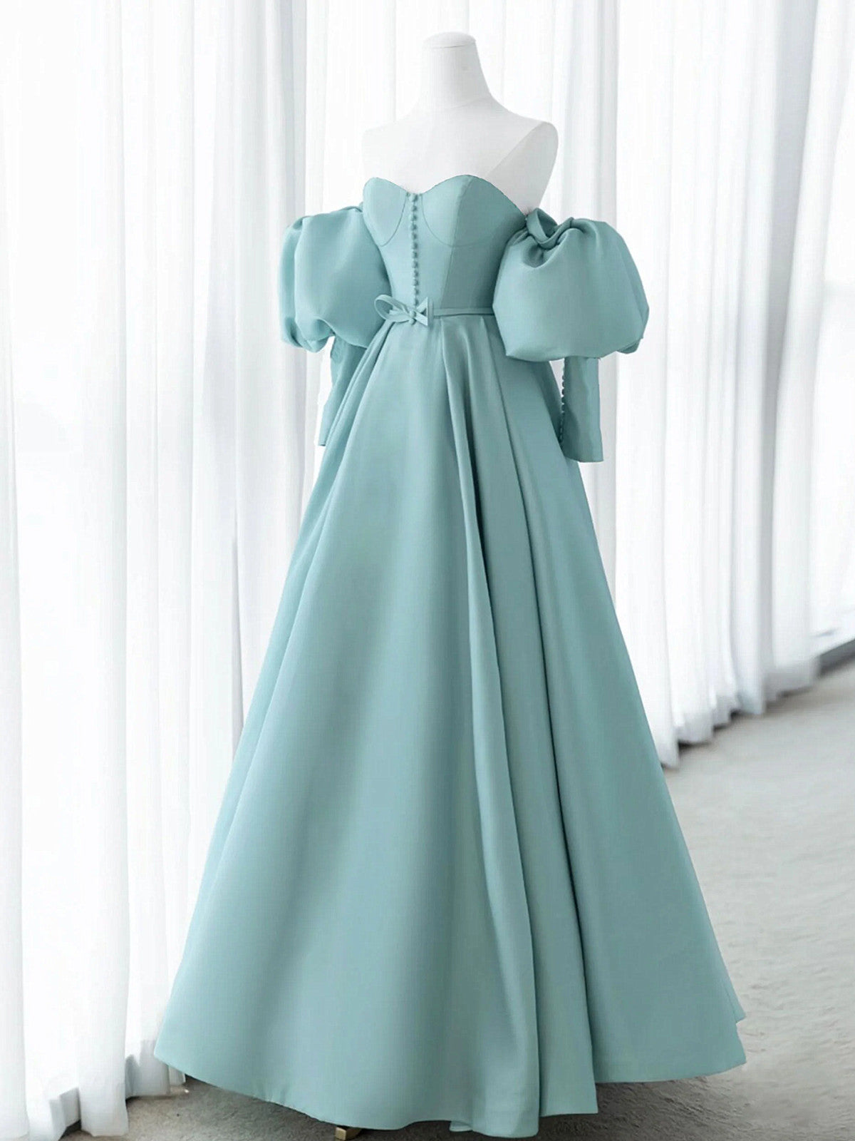 Blue Satin A-line Sweetheart Strapless Party Dress, Blue Satin Long Prom Dress