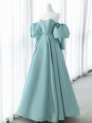 Blue Satin A-line Sweetheart Strapless Party Dress, Blue Satin Long Prom Dress