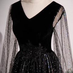 Black Gradient Tulle V-neckline Long Beaded Prom Dress, Black Party Dress Formal Dress