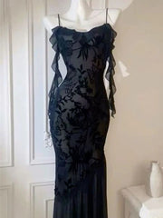 Black Lace Mermaid Straps Long Party Dress, Black Lace Evening Dress Prom Dress
