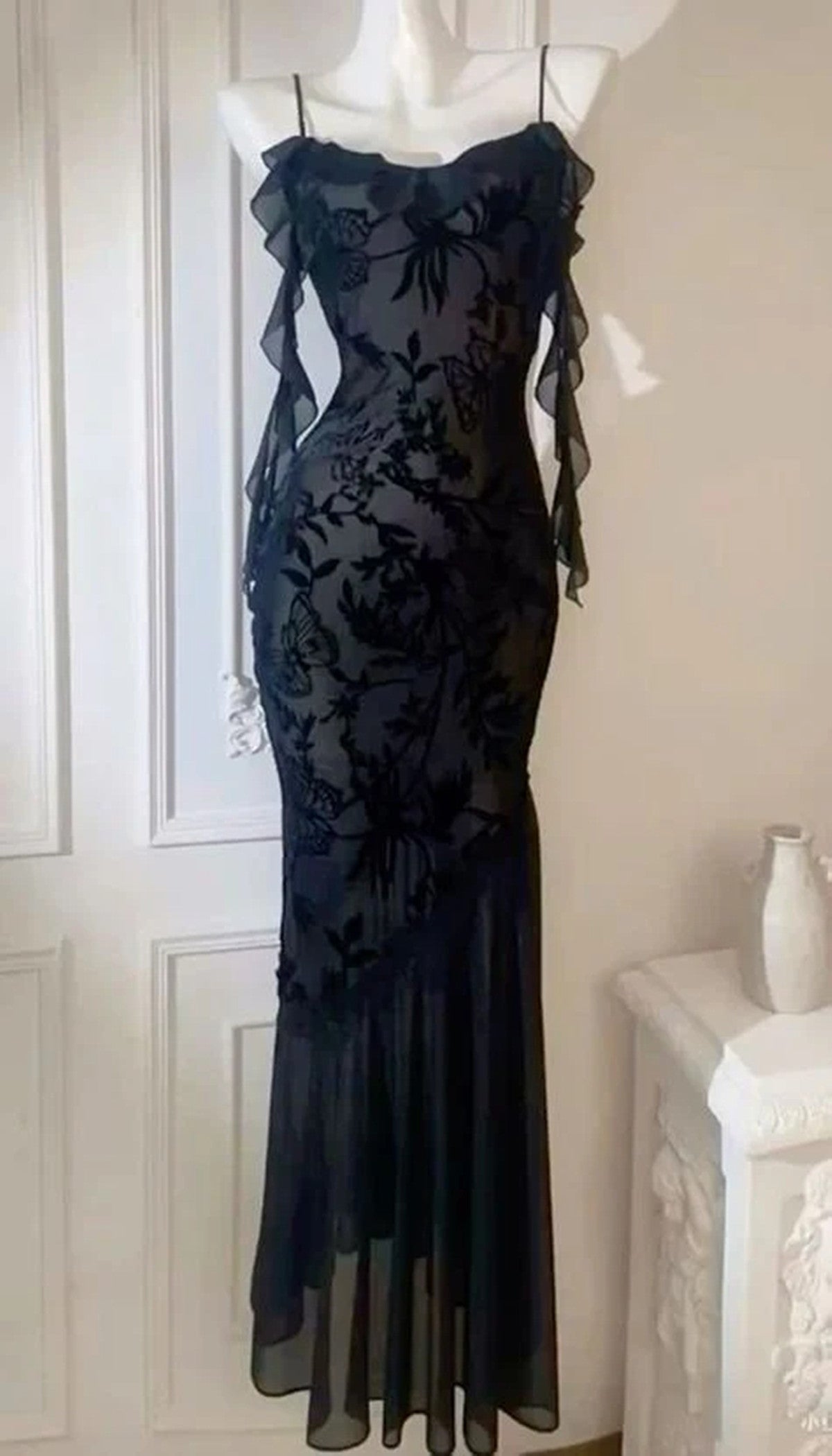 Black Lace Mermaid Straps Long Party Dress, Black Lace Evening Dress Prom Dress