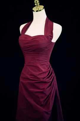 Burgundy A-line Halter Vintage Style Prom Dress, Burgundy Long Evening Dress
