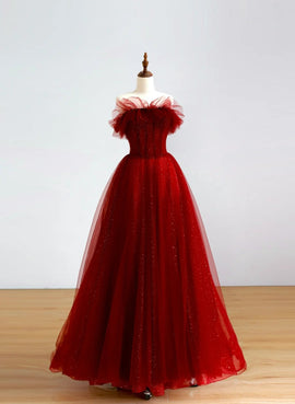 Wine Red Tulle Long Prom Dress Party Dress, Wine Red Tulle Evening Dress