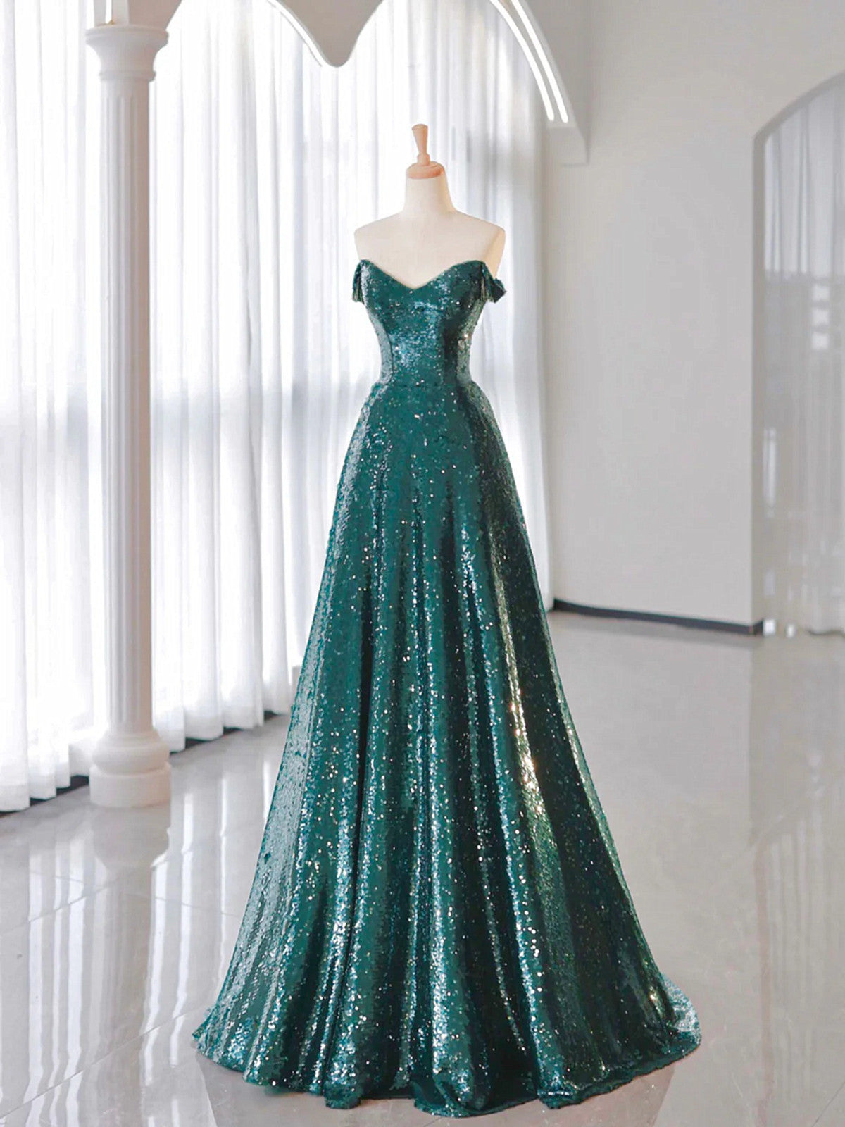 A-line Green Sequins Long Party Dress with Tulle Cap, Green Sequins Prom Dress