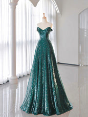 A-line Green Sequins Long Party Dress with Tulle Cap, Green Sequins Prom Dress