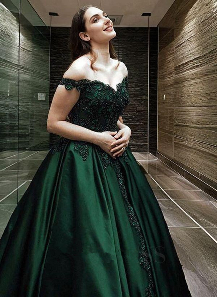 Green Satin Off Shoulder Floor Length Party Dress, Green Satin with La