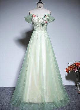 Green A-line Off Shoulder Tulle Long Formal Dress, Green Long Prom Dress
