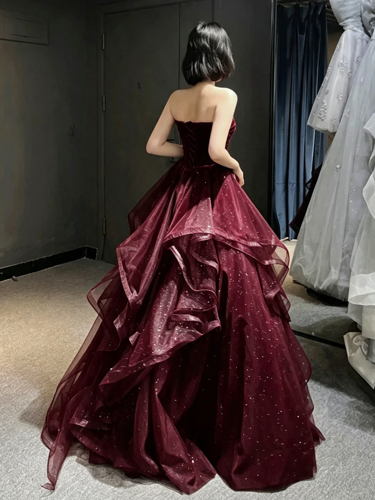 Wine Red Tulle Sweetheart Layers Long Formal Gowns, Wine Red Strapless Long Prom Dress