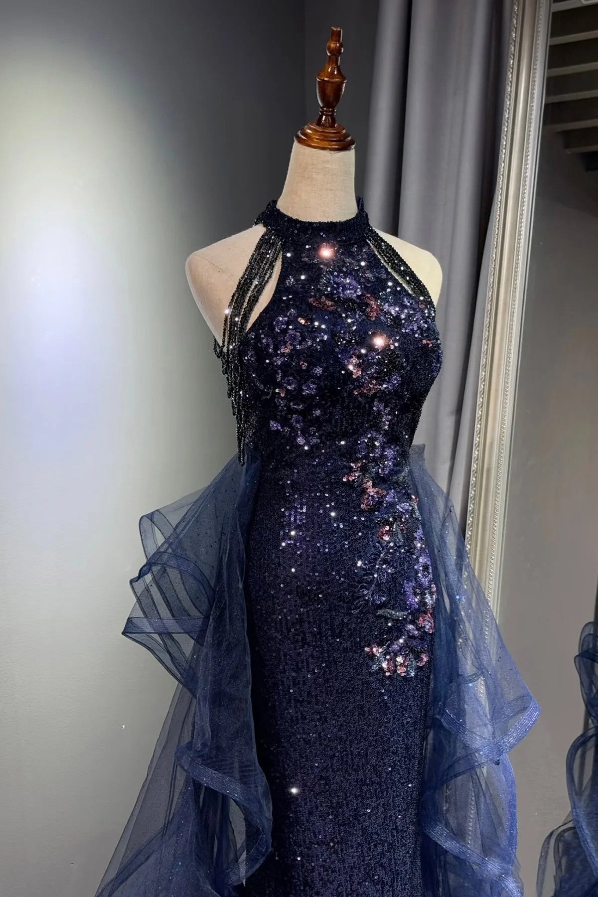 Navy Blue Halter A-line Sequins with Tulle Long Prom Dress, Navy Blue Long Evening Dress