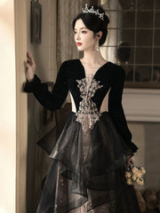 Black Velvet and Tulle Long Sleeves with Lace Prom Dress, A-line Black Floor Length Party Dress